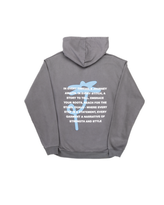 Grey hoodie with text and graphic on the back against a white background