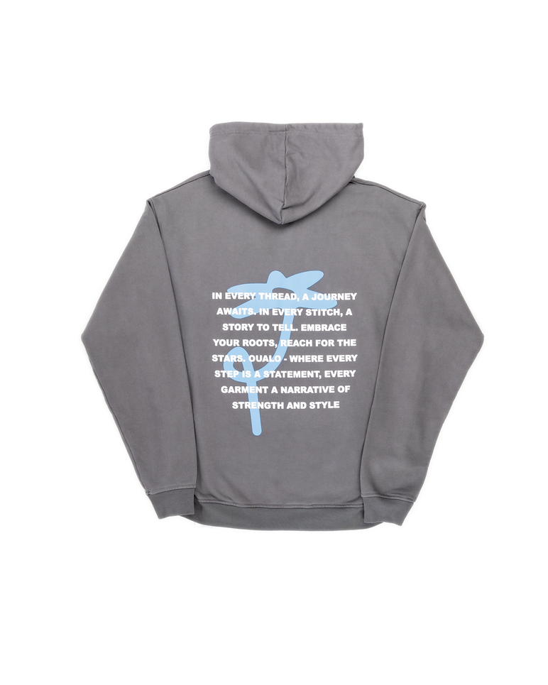 Grey hoodie with text and graphic on the back against a white background