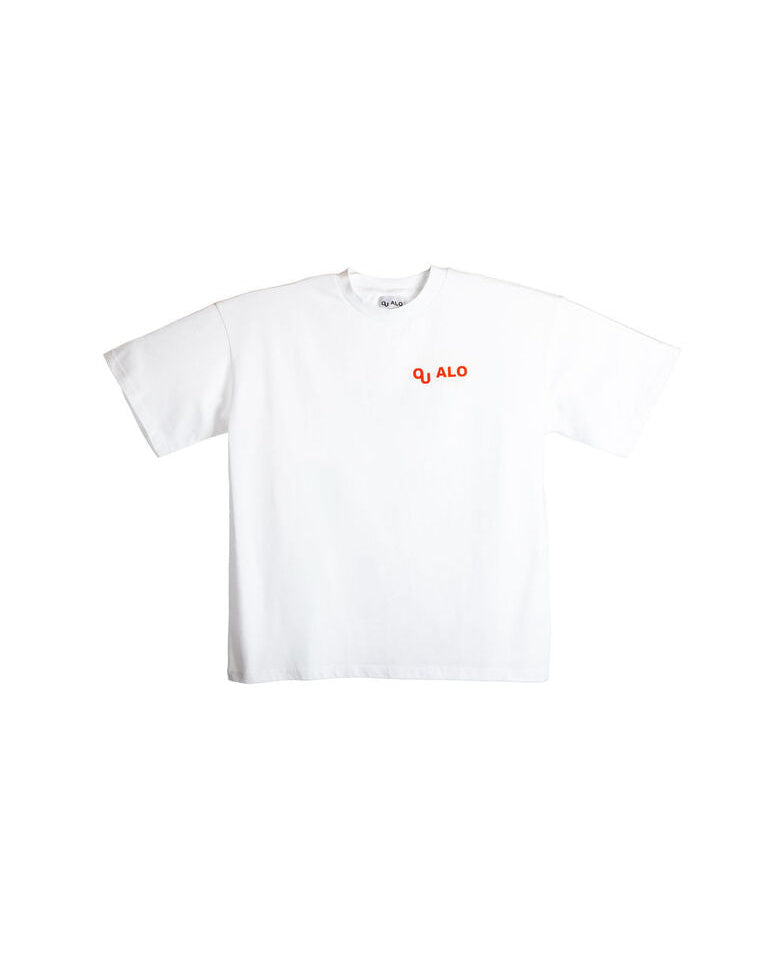 White t-shirt with red text on a white background