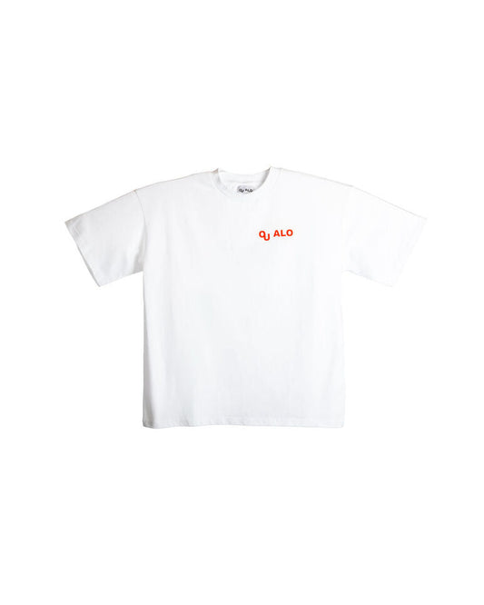 White t-shirt with red text on a white background
