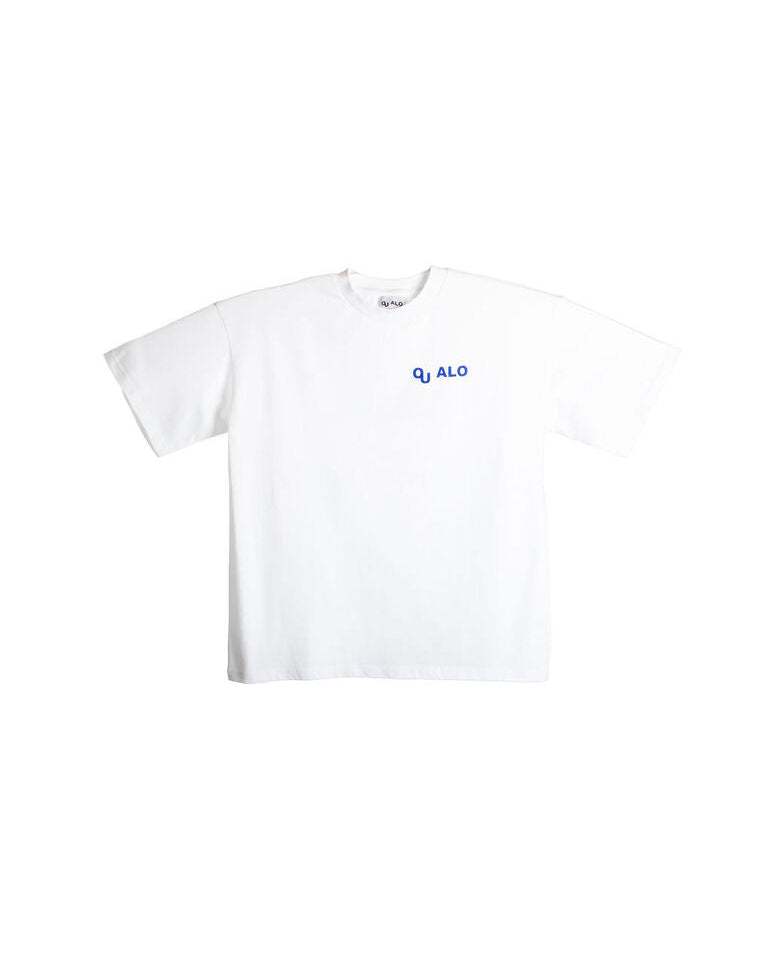 White t-shirt with 'OUALO' logo on a white background