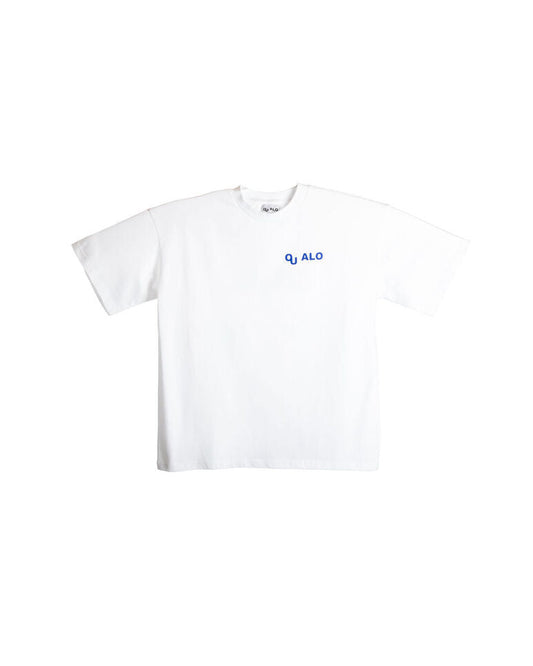 White t-shirt with 'OUALO' logo on a white background
