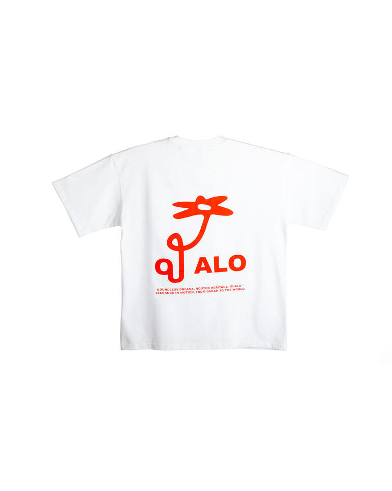 White t-shirt with red graphic design and 'ALO' text on a white background