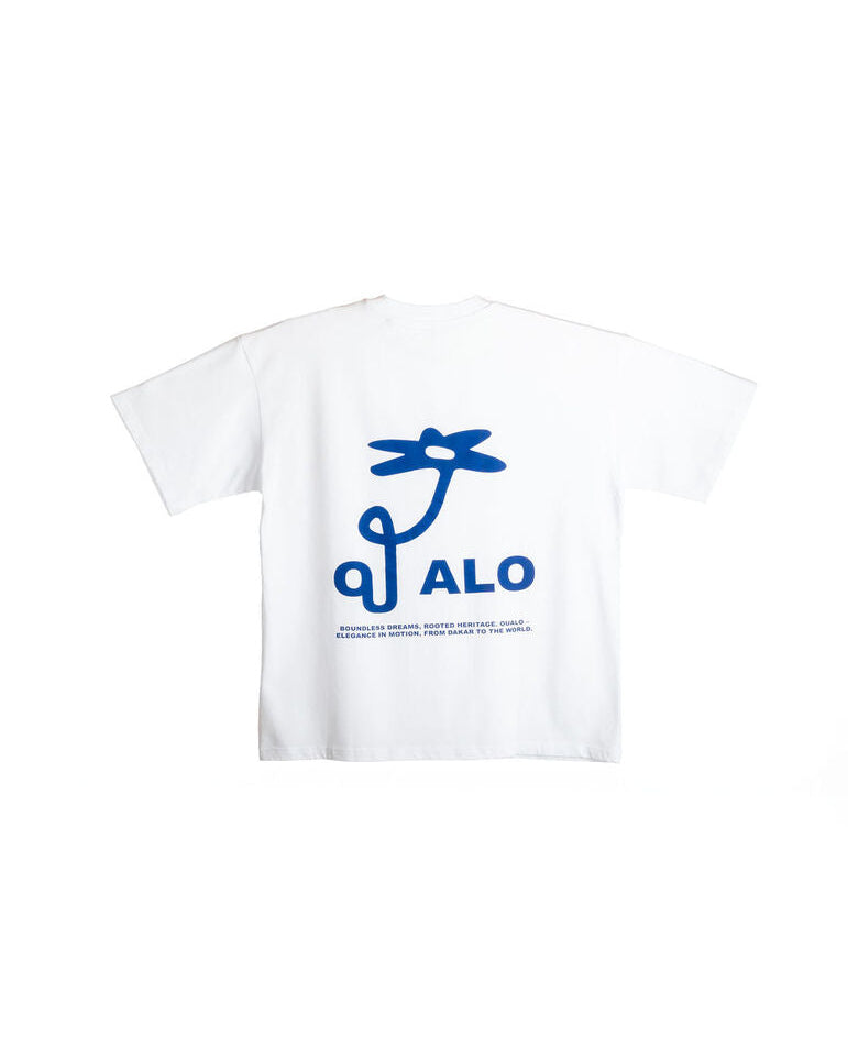 White t-shirt with blue graphic and 'OUALO' text on a white background