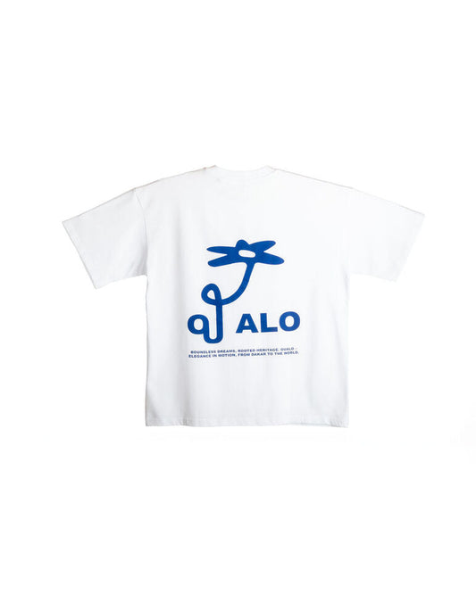 White t-shirt with blue graphic and 'OUALO' text on a white background