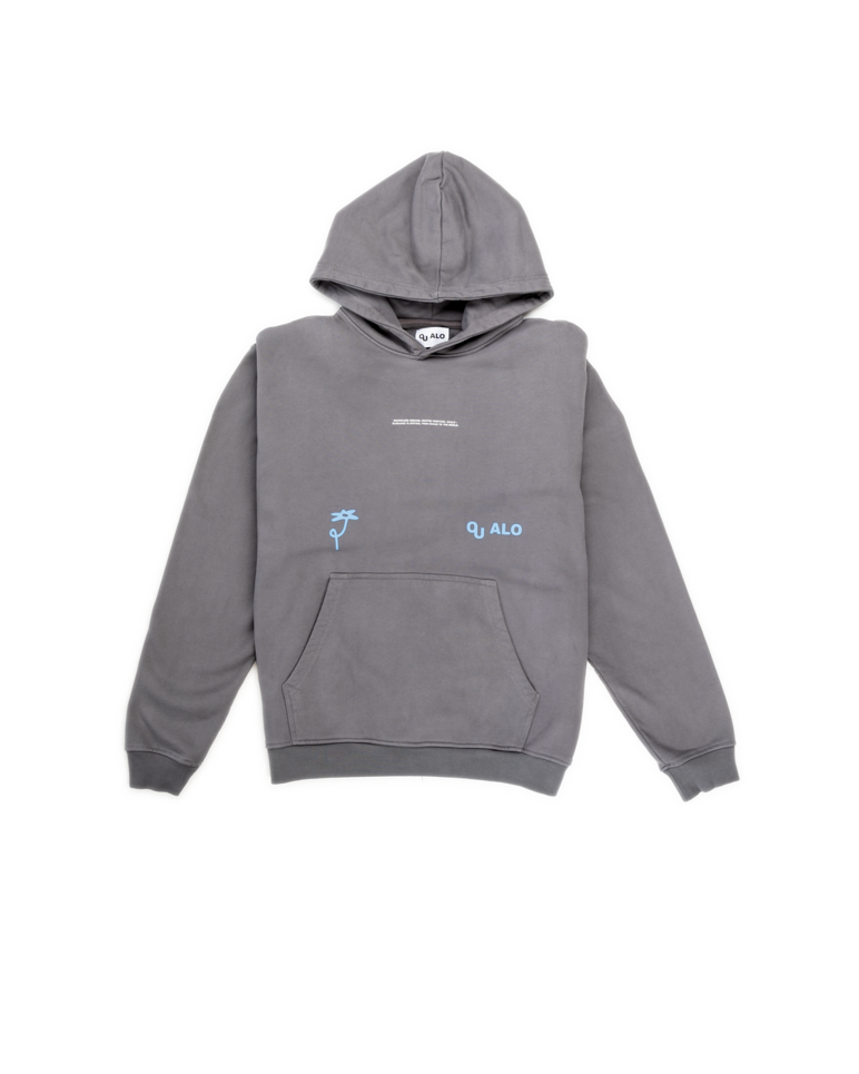 Grey hoodie with brand logos on a white background