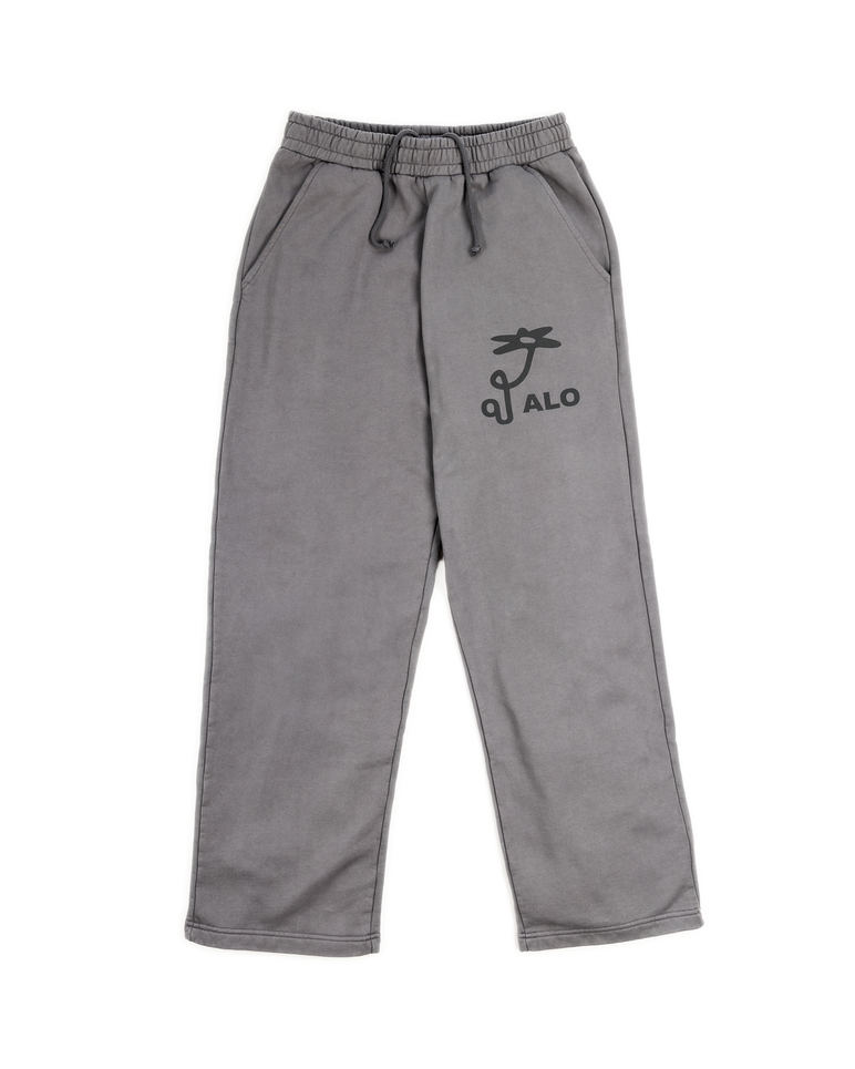 Gray sweatpants with a logo on a white background