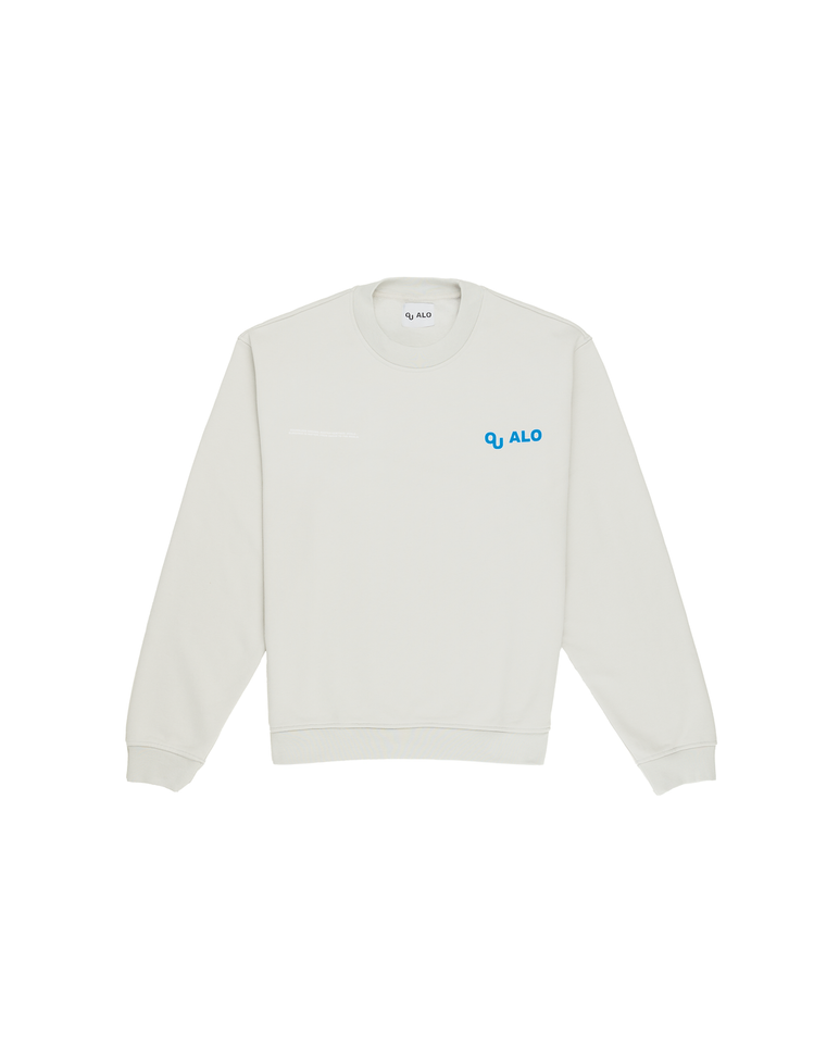 White sweatshirt with blue logo on a white background