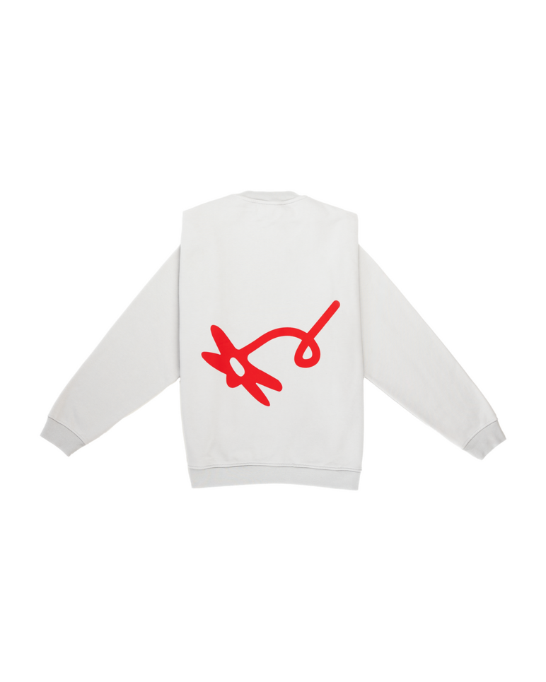 White sweatshirt with red text on a white background