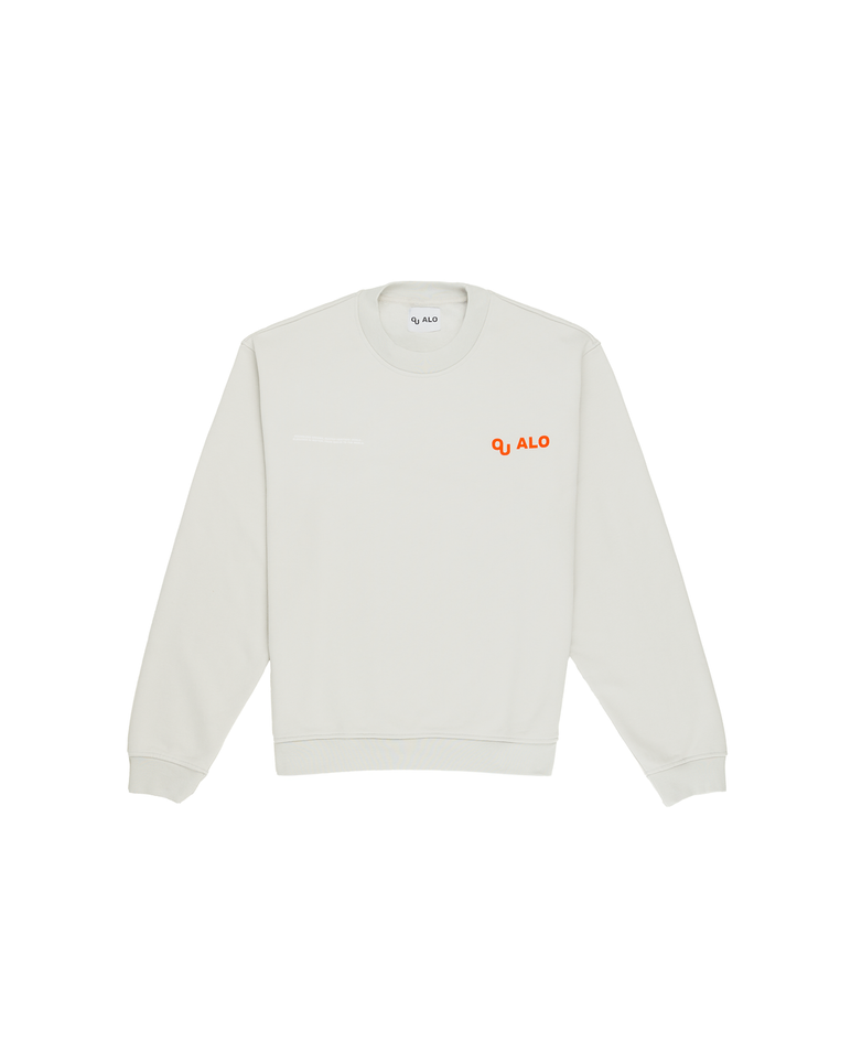 White sweatshirt with red text on a white background