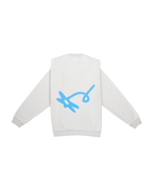 White sweatshirt with a blue graphic on the back against a white background
